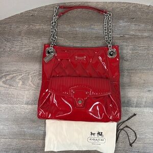Coach Poppy Liquid Glass Tote Red Quilted Patent Leather Chain Strap NWOT